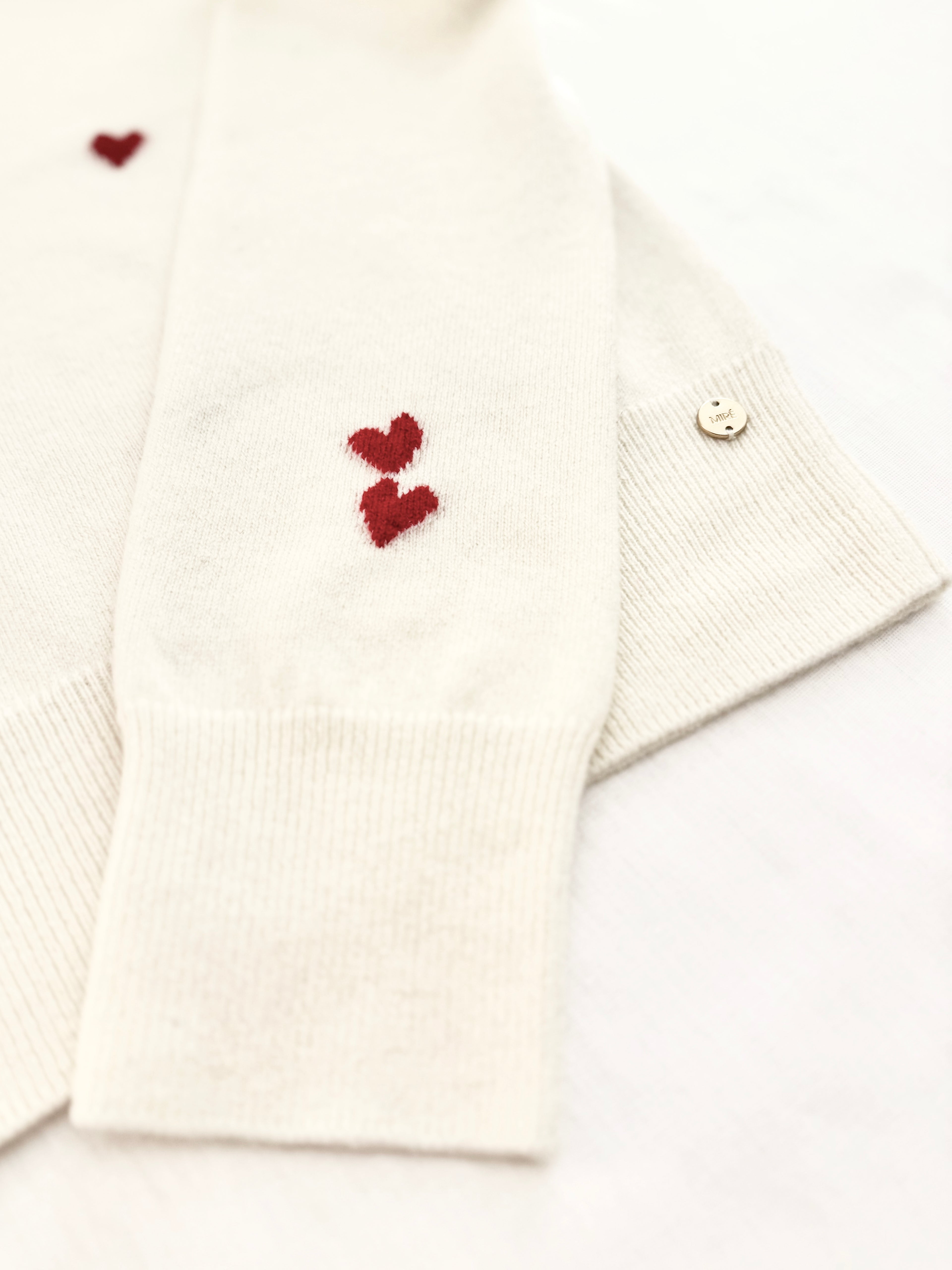 MIRÉ Cashmere Heart Intarsia Sweater - Ecru with red hearts