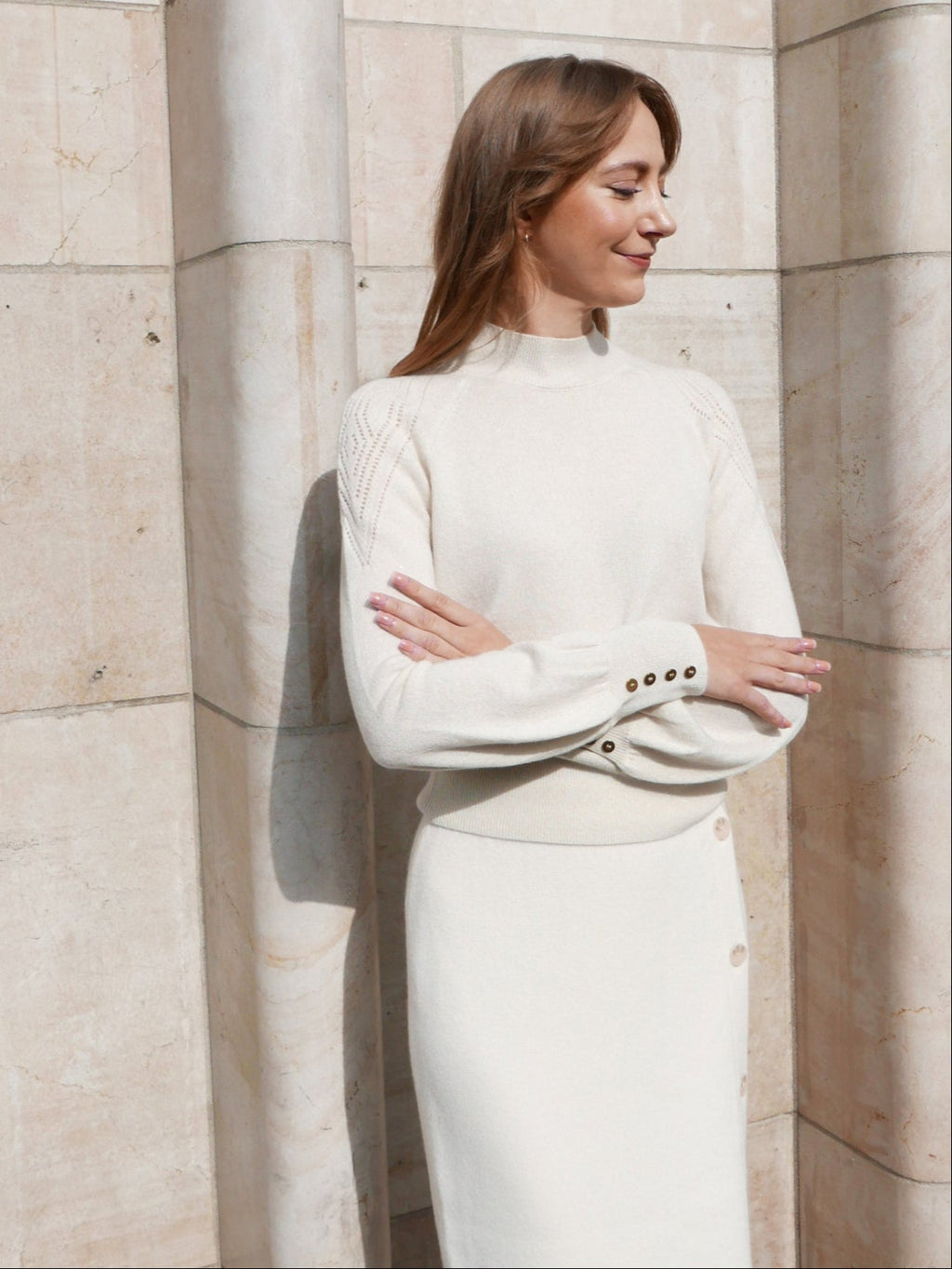 MIRÉ Cashmere Lurex Mock Neck Sweater - Ecru with gold lurex