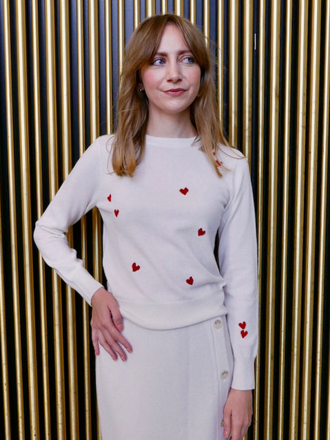 MIRÉ Cashmere Heart Intarsia Sweater - Ecru with red hearts