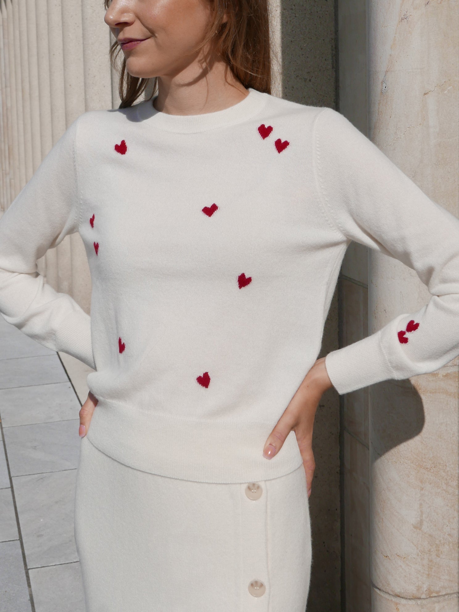 MIRÉ Cashmere Heart Intarsia Sweater - Ecru with red hearts