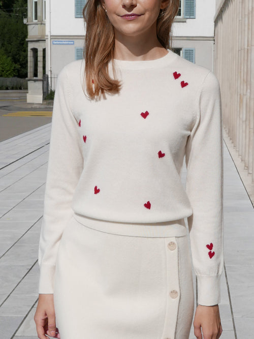 MIRÉ Cashmere Heart Intarsia Sweater - Ecru with red hearts