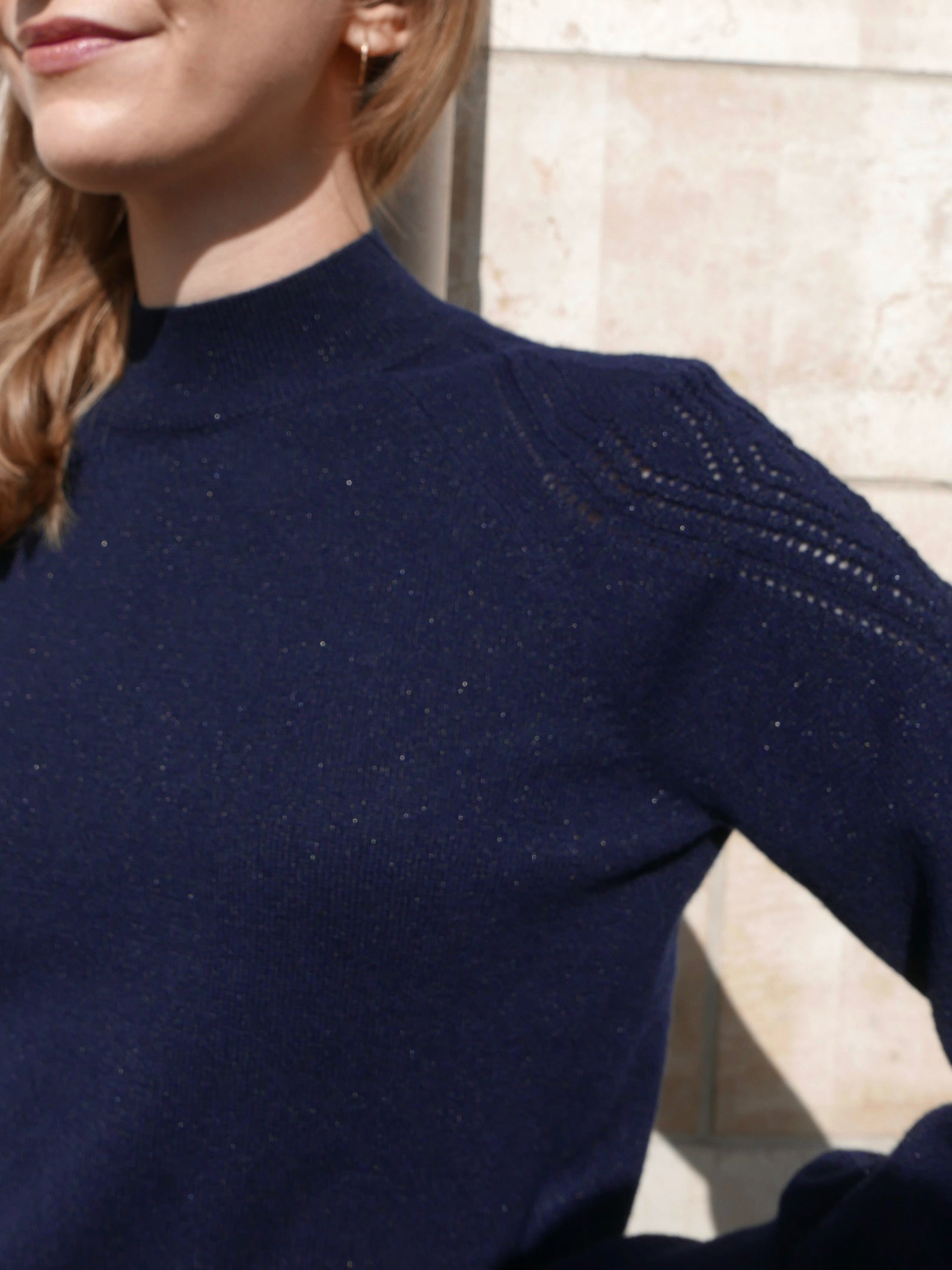 MIRÉ Cashmere Lurex Mock Neck Sweater - Navy with Gunmetal lurex