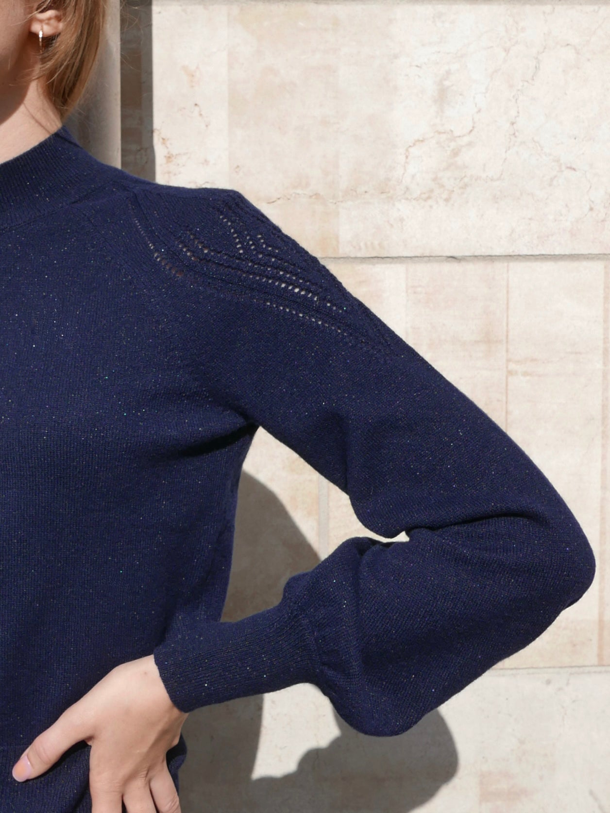 MIRÉ Cashmere Lurex Mock Neck Sweater - Navy with Gunmetal lurex
