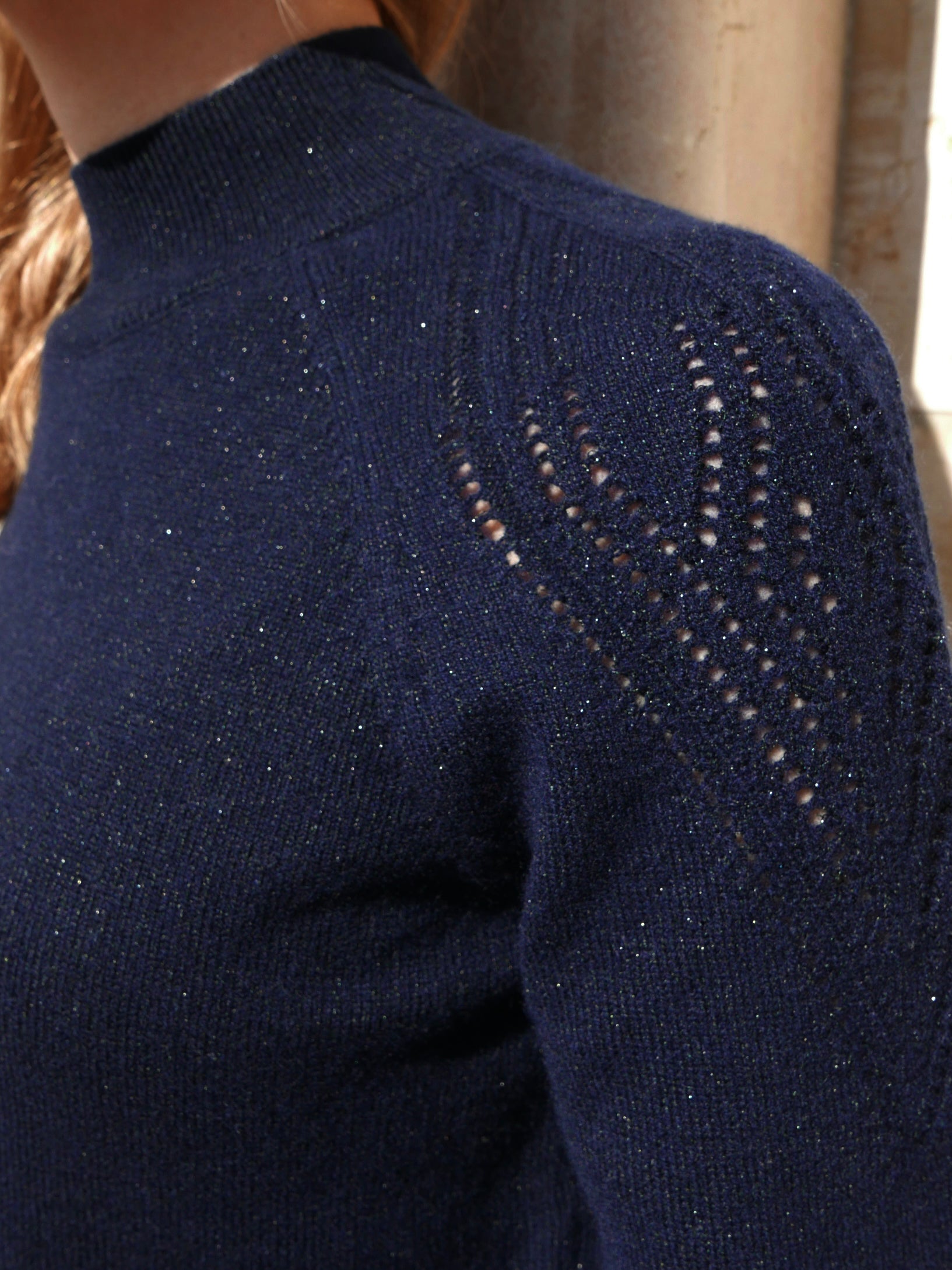 MIRÉ Cashmere Lurex Mock Neck Sweater - Navy with Gunmetal lurex