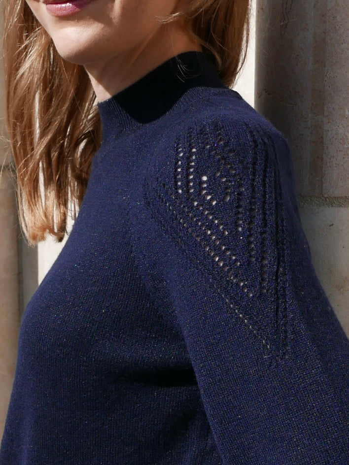 MIRÉ Cashmere Lurex Mock Neck Sweater - Navy with Gunmetal lurex