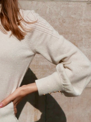 MIRÉ Cashmere Lurex Mock Neck Sweater - Ecru with gold lurex