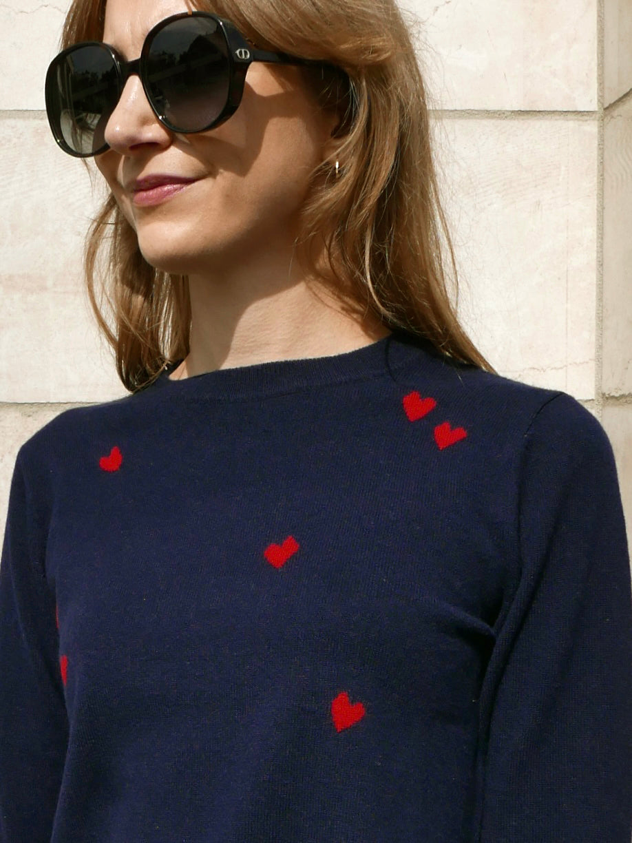 MIRÉ Cashmere Heart Intarsia Sweater - Navy with red hearts
