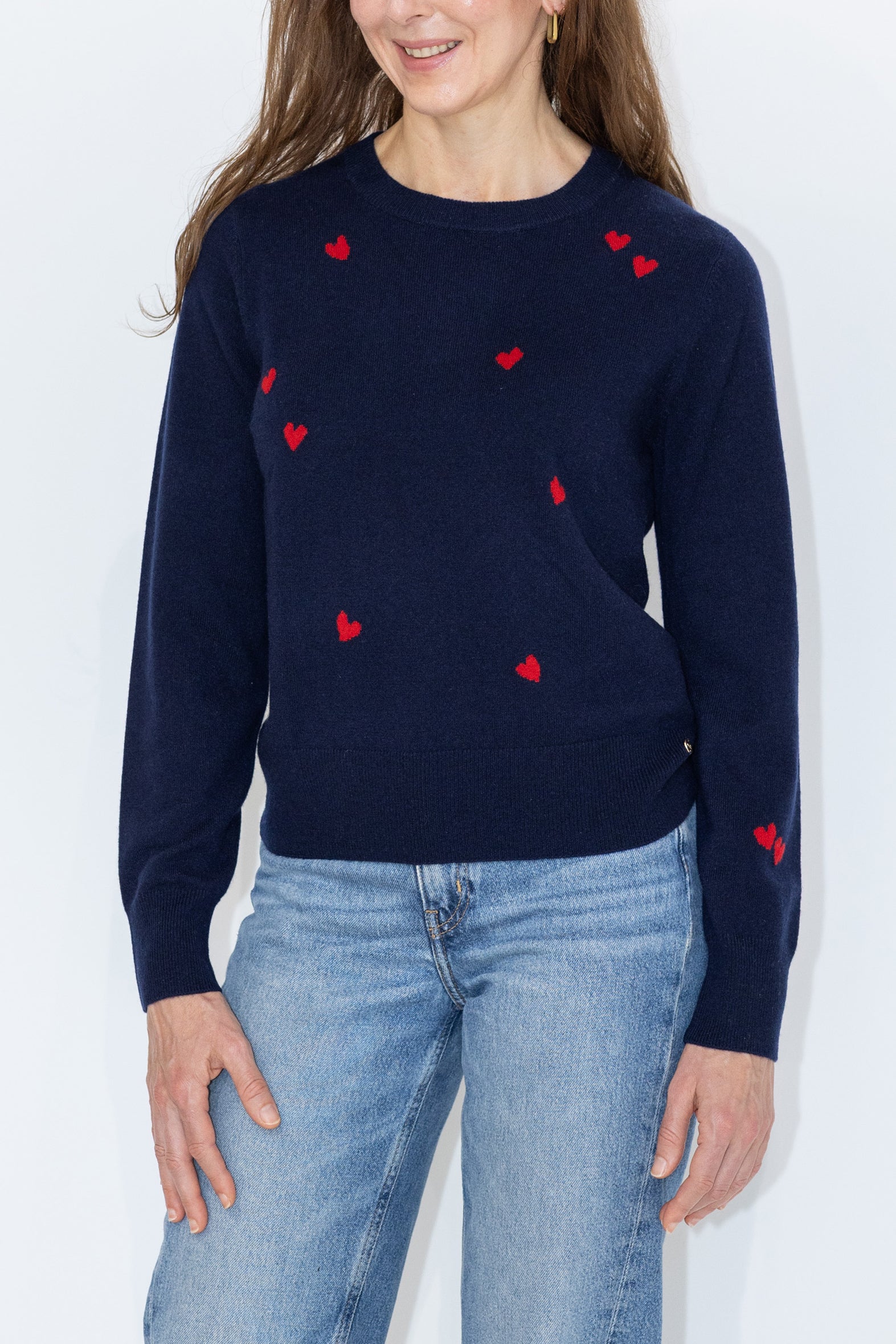 MIRÉ Cashmere Heart Intarsia Sweater - Navy with red hearts
