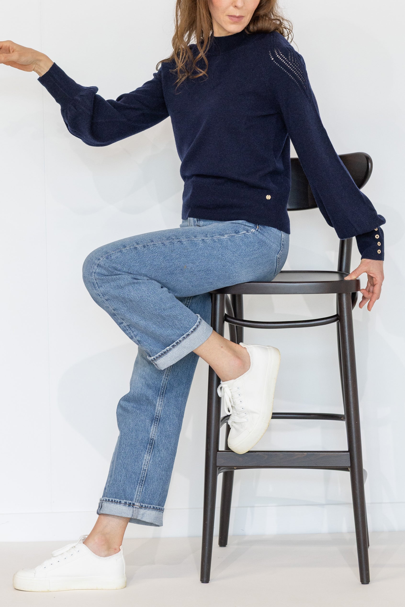 MIRÉ Cashmere Lurex Mock Neck Sweater - Navy with Gunmetal lurex