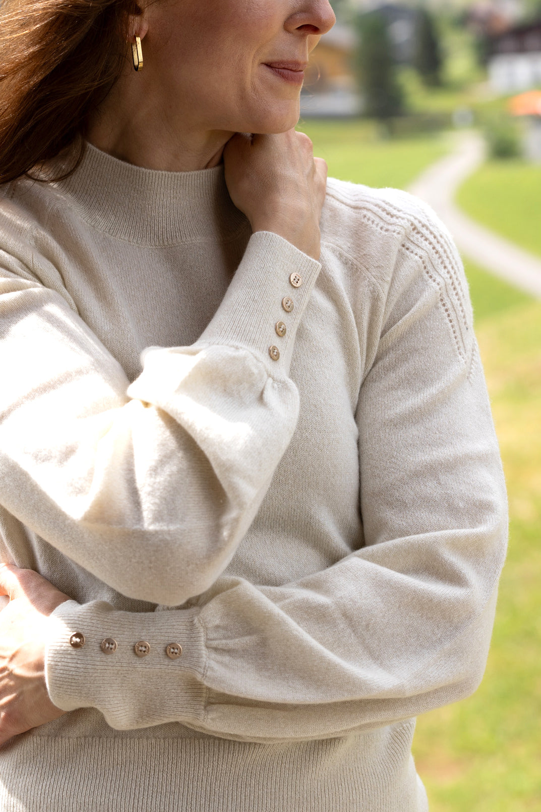 MIRÉ Cashmere Lurex Mock Neck Sweater - Ecru with gold lurex