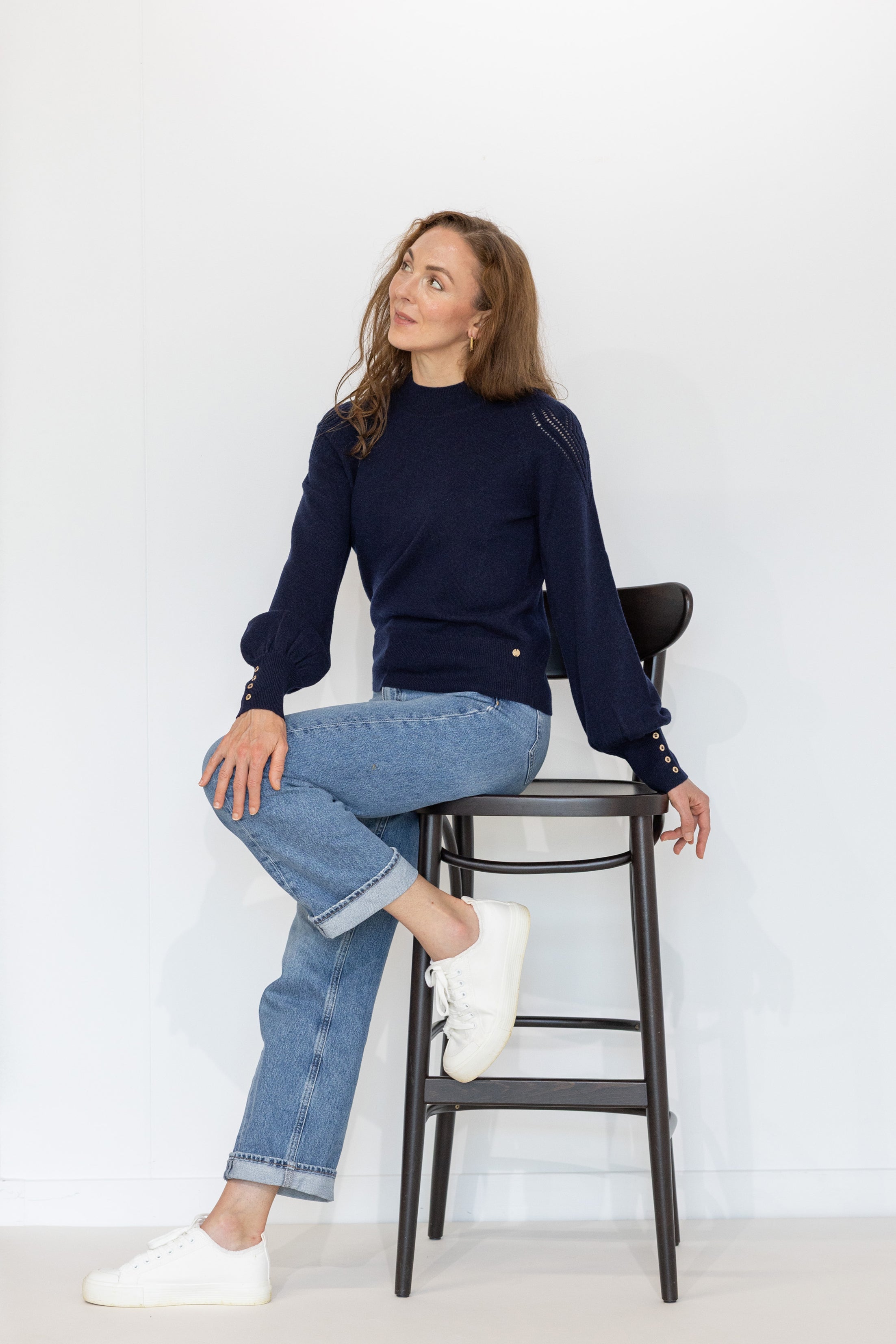 MIRÉ Cashmere Lurex Mock Neck Sweater - Navy with Gunmetal lurex