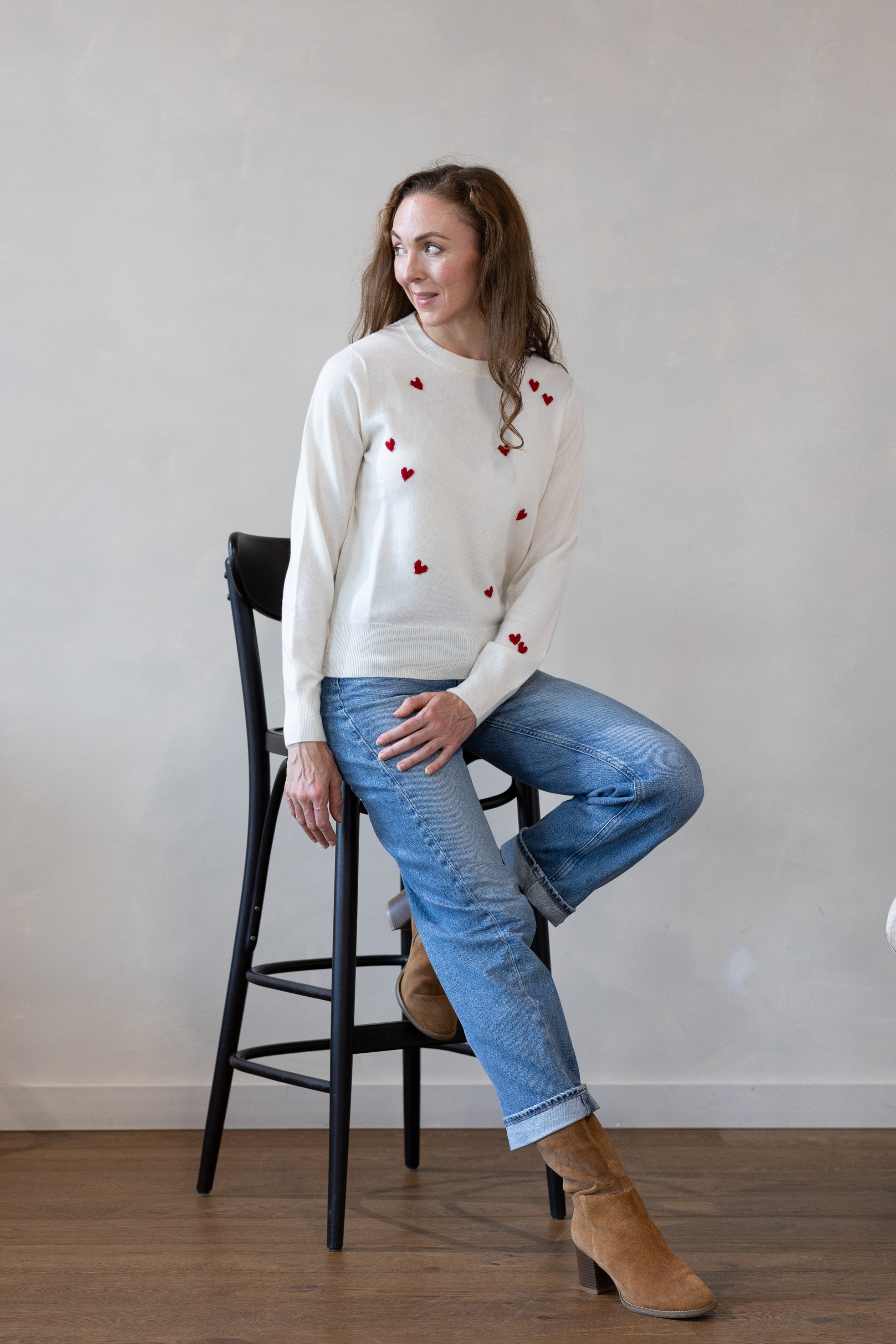 MIRÉ Cashmere Heart Intarsia Sweater - Ecru with red hearts