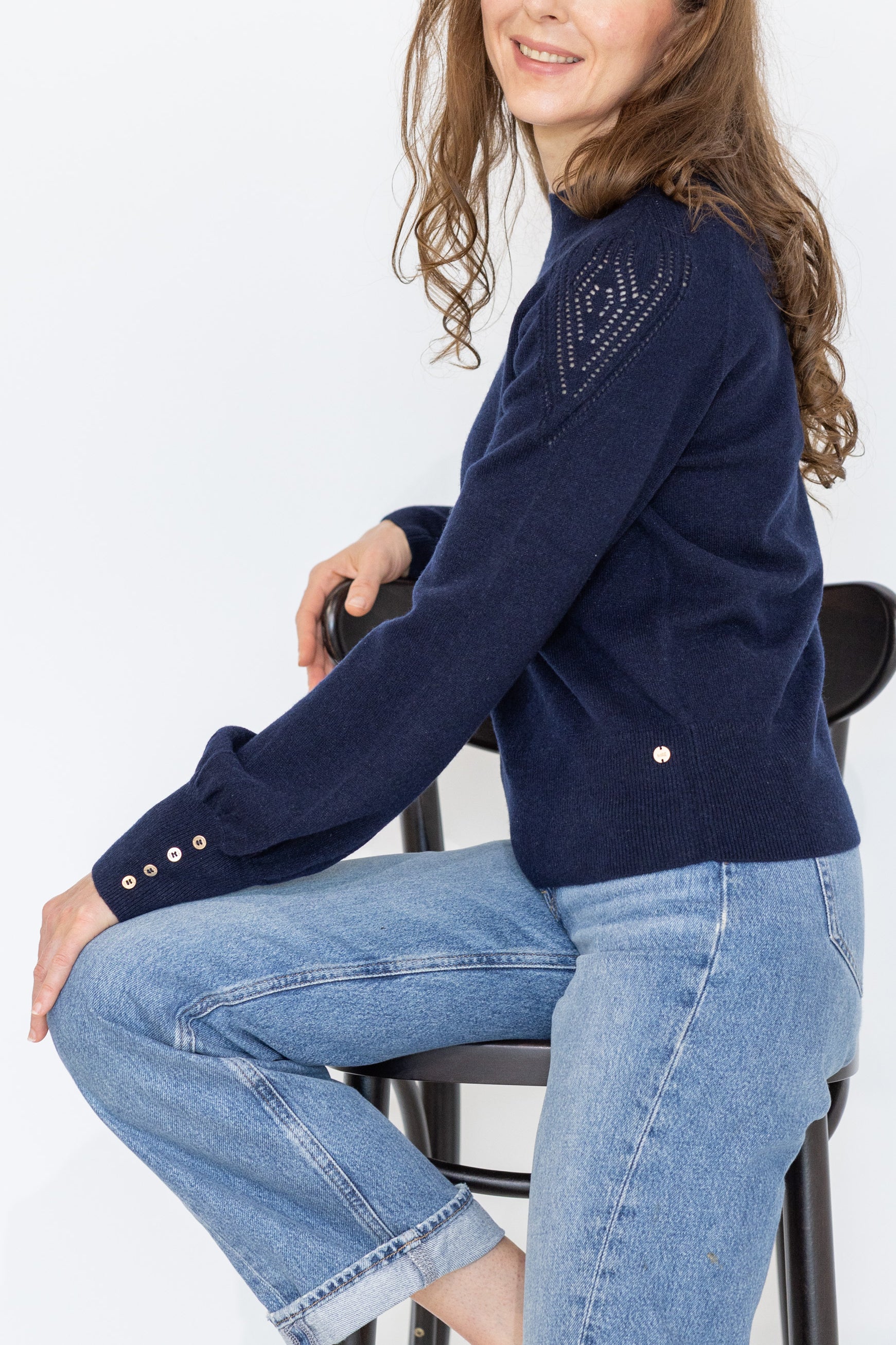 MIRÉ Cashmere Lurex Mock Neck Sweater - Navy with Gunmetal lurex