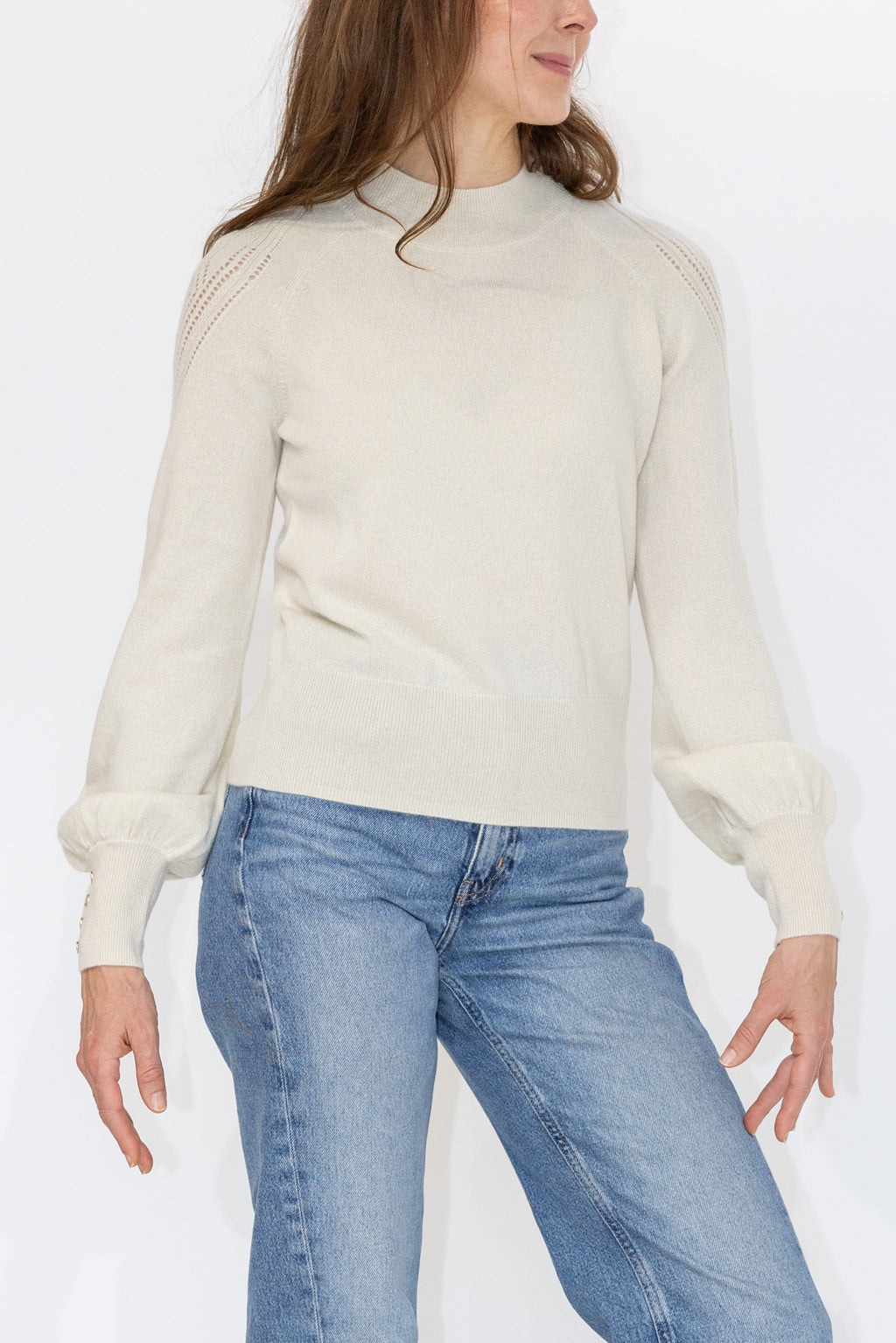 MIRÉ Cashmere Lurex Mock Neck Sweater - Ecru with gold lurex