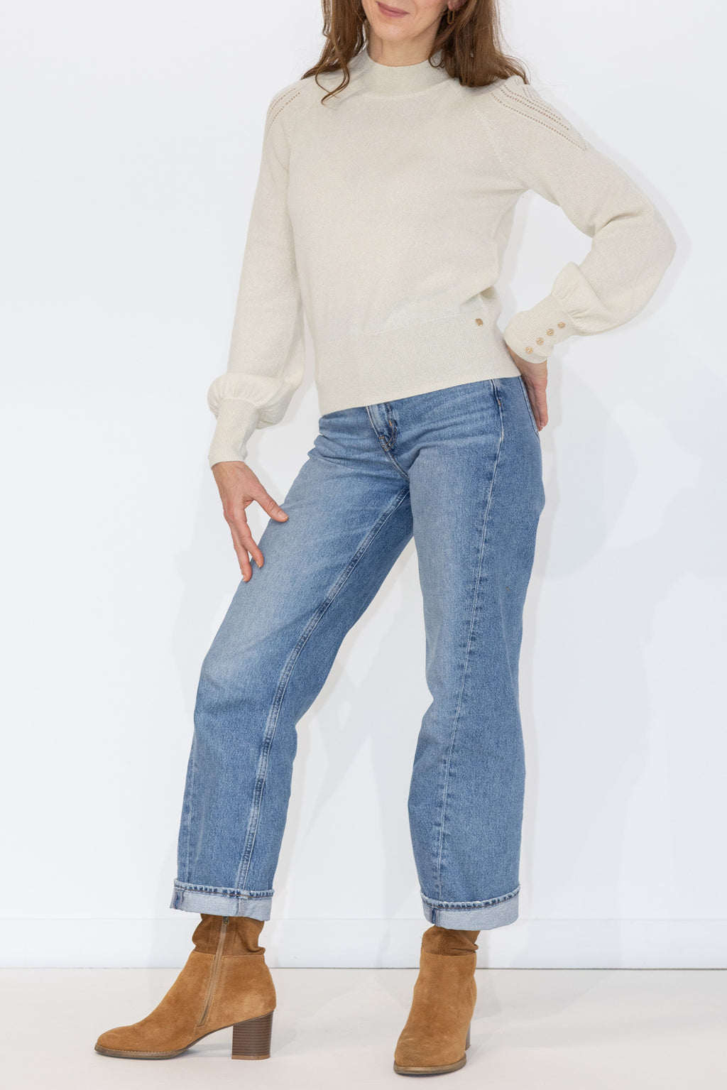 MIRÉ Cashmere Lurex Mock Neck Sweater - Ecru with gold lurex