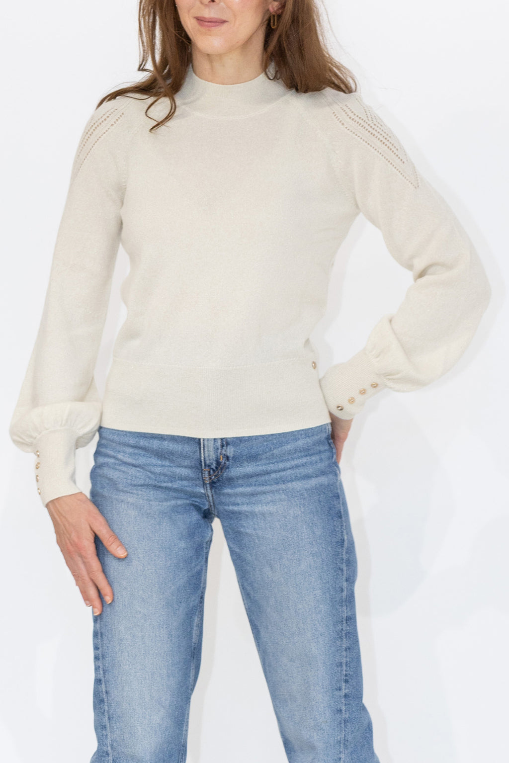 MIRÉ Cashmere Lurex Mock Neck Sweater - Ecru with gold lurex