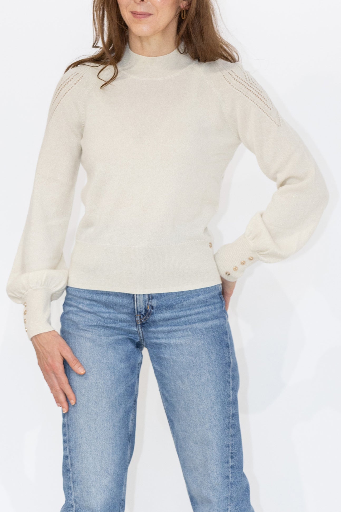 MIRÉ Cashmere Lurex Mock Neck Sweater - Ecru with gold lurex