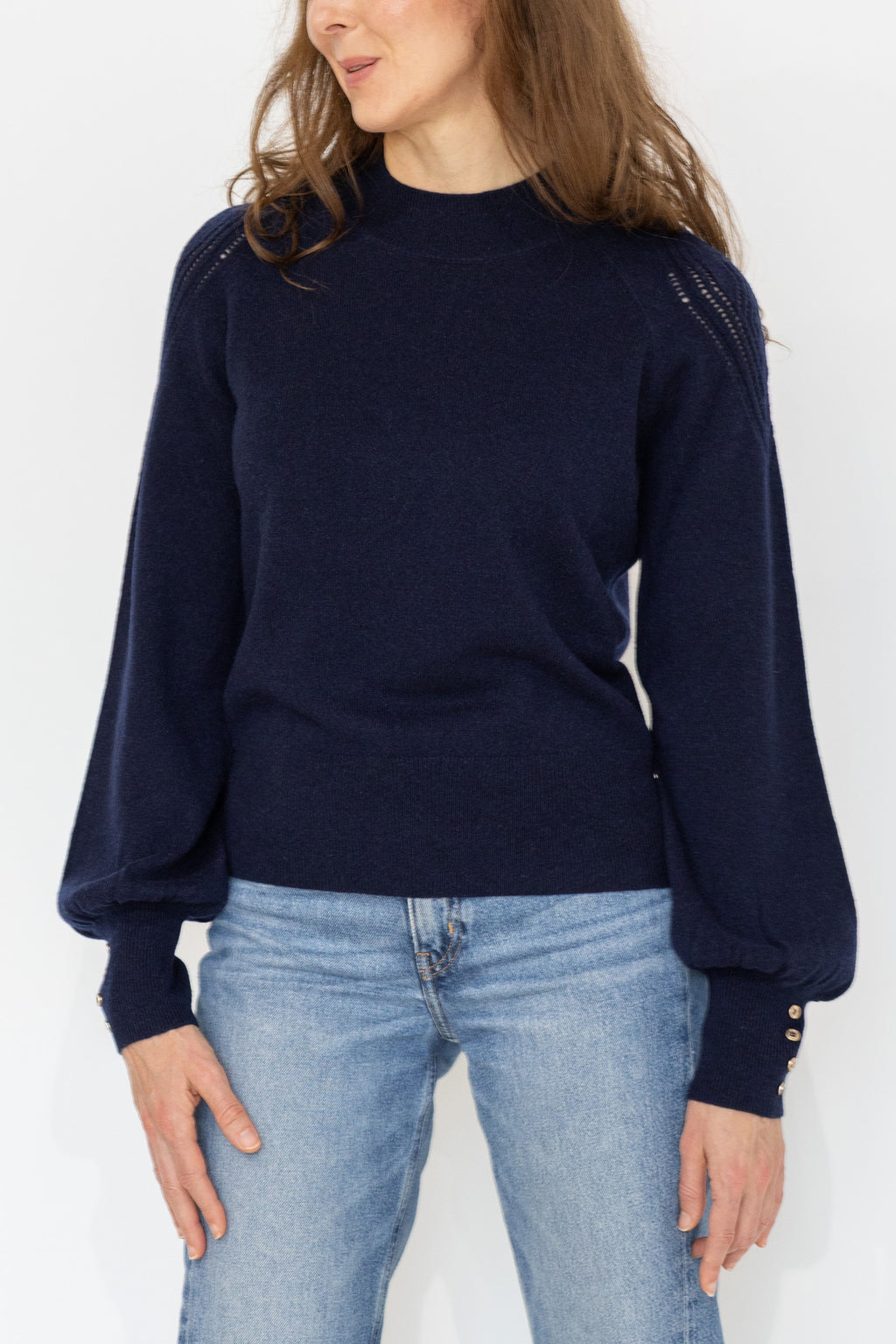 MIRÉ Cashmere Lurex Mock Neck Sweater - Navy with Gunmetal lurex