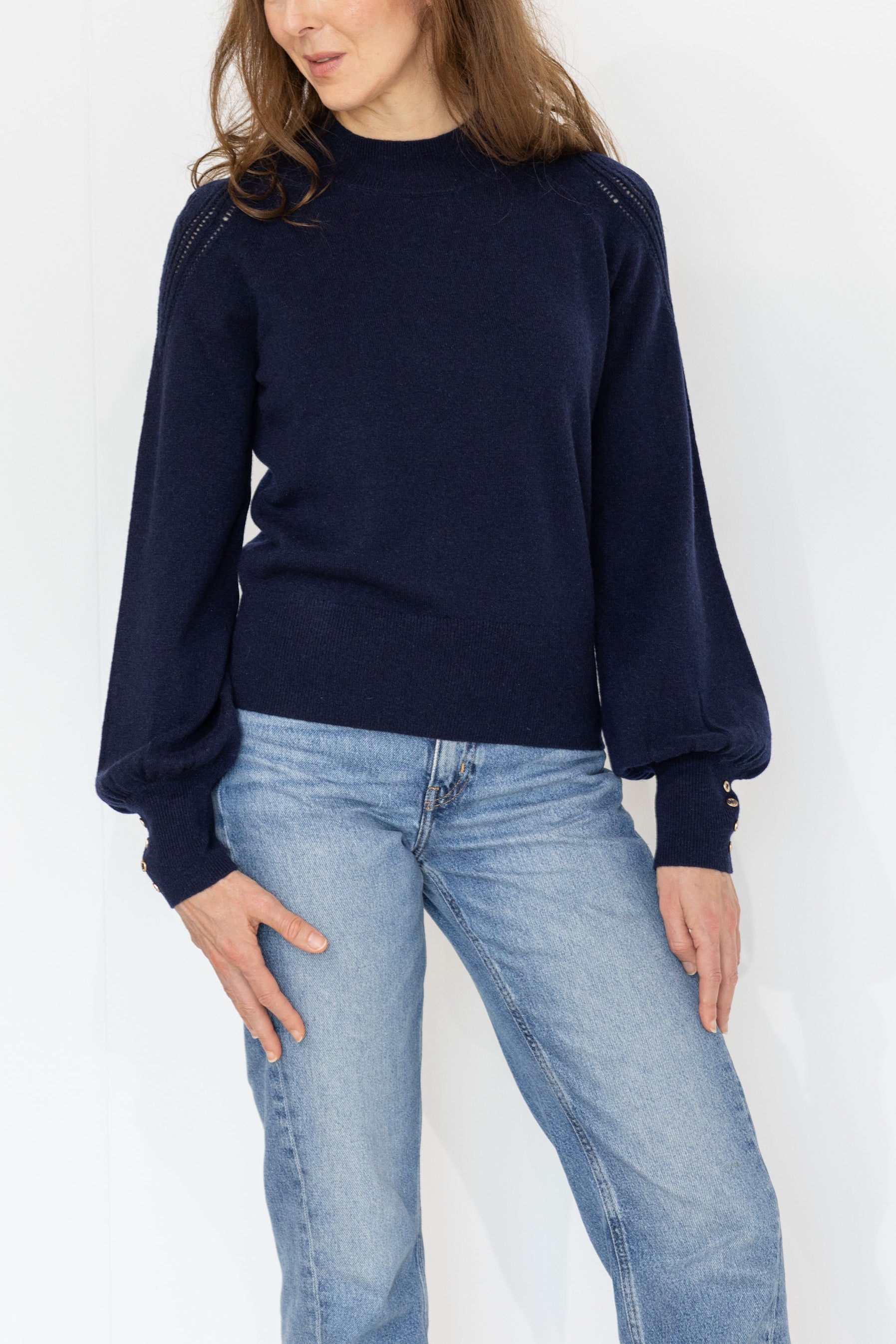 MIRÉ Cashmere Lurex Mock Neck Sweater - Navy with Gunmetal lurex